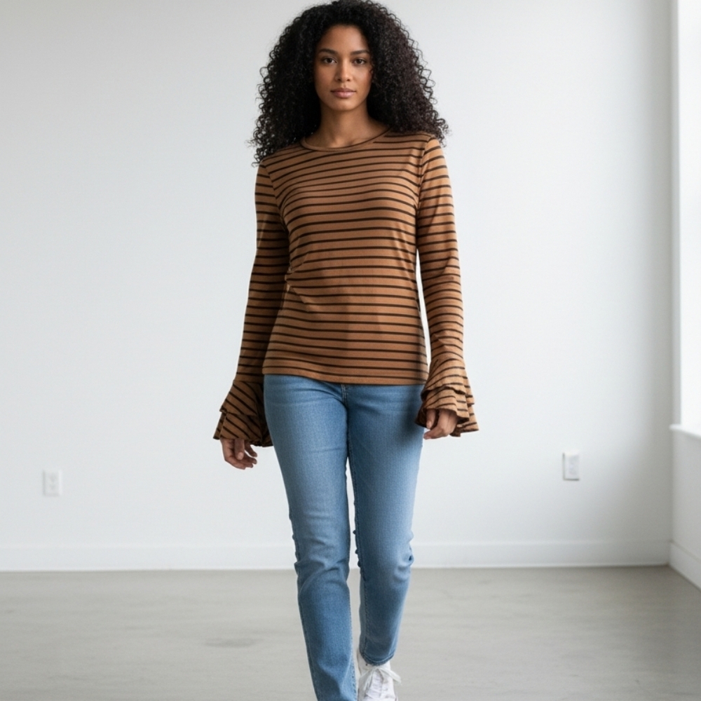Yissang Women's Brown‎ Black Striped Crew Neck Long Layered Bell Sleeves Size XL